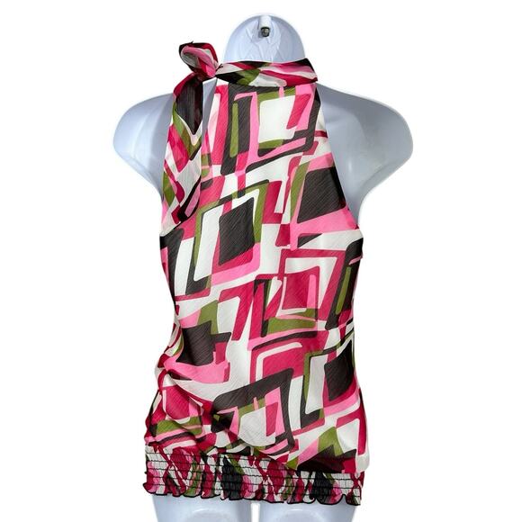 Heart Soul Sleeveless Blouse Sz Small Colorful Smocked Waist Neck Tie Top Lined - Picture 5 of 7